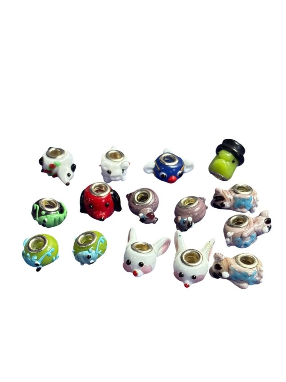 Lot of 15 Lampwork Art Glass Bead Charms Bunny Rabbit Pig Puppy Dog Lobster Fish